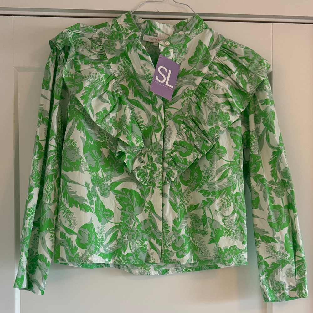 Olivaceous Green Leaf Print Blouse